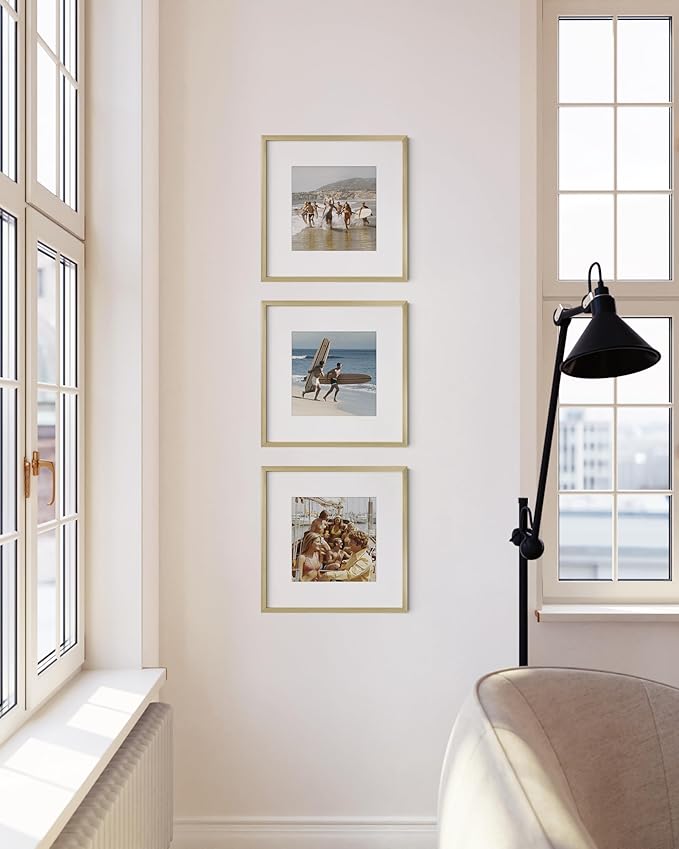 HAUS AND HUES 12x12 Gold Metal Picture Frames Matted to 8x8 - Features Premium Aluminum & Hanging Hardware, Shatterproof Plexiglass - Ideal for Home, Office (12x12 in, Gold, Set of 3)
