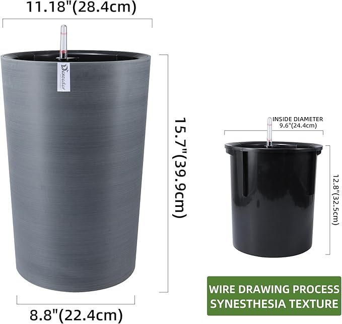 Dexceder 16x12 Tall Self Watering Planter High Cylinder Indoor Outdoor, Thickened Large Floor Standing Flower Plant Pot with Water Level Indicator (Gray, Wire Drawing)