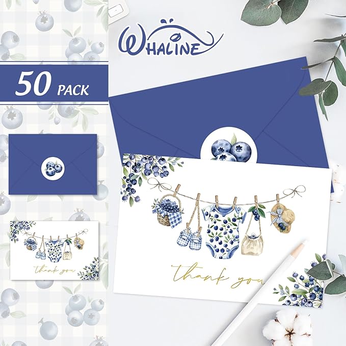 Whaline 50 Pcs Baby Shower Thank You Cards Greeting Cards with Envelopes Stickers Gold Foil Blue Berry Plaid Baby Cloth Blank Note Cards for Birthday Party Supplies, 4 x 6 Inch