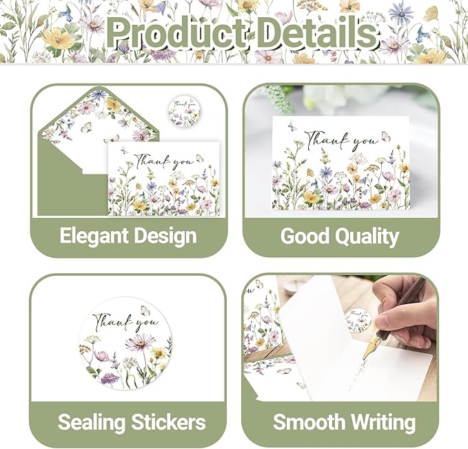 48 Pack Floral Thank You Cards With Envelopes,Watercolor Wildflower Thank You Cards for Baby Shower,Thanksgiving,Teachers,Birthday Greeting Cards