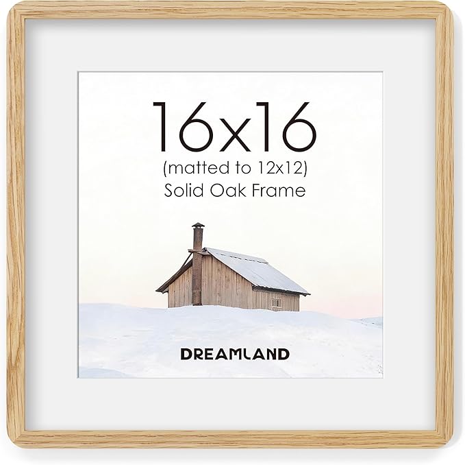 Dreamland 16x16 Picture Frame, Solid Oak Wood Photo Frame with Mat for 12x12, Round Corner 16 x 16 Matted Picture Frames with Resistant Plexiglass for Wall Mounting or Tabletop, Oak Color, Set of 1