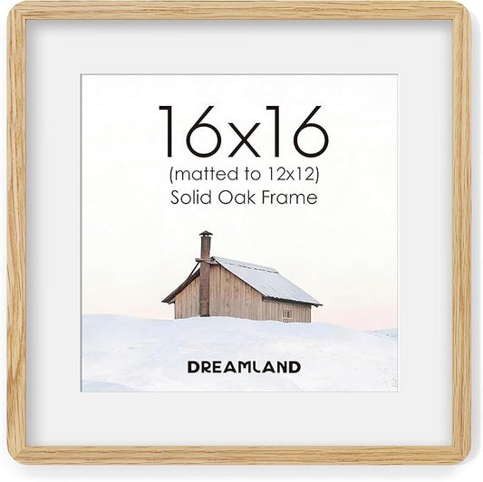 Dreamland 16x16 Picture Frame, Solid Oak Wood Photo Frame with Mat for 12x12, Round Corner 16 x 16 Matted Picture Frames with Resistant Plexiglass for Wall Mounting or Tabletop, Oak Color, Set of 1