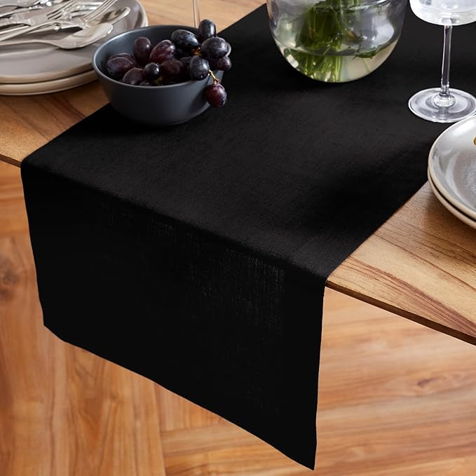 Solino Home 100% Pure Linen Black 48 Inches Table Runner - 14 x 48 Inch for Dining, Coffee Tables, Dressers - Sonoma Collection - Winter, Spring Decor