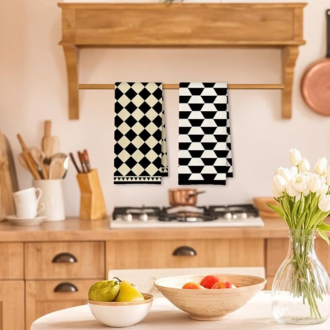 Beige Black and White Abstract Kitchen Towels, Neutral Dish Tea Towels for Kitchen Decor, Black and Cream Retro Mid Century Modern Decorative Hand Towel for Bathroom, 16x24 Inches Set of 4
