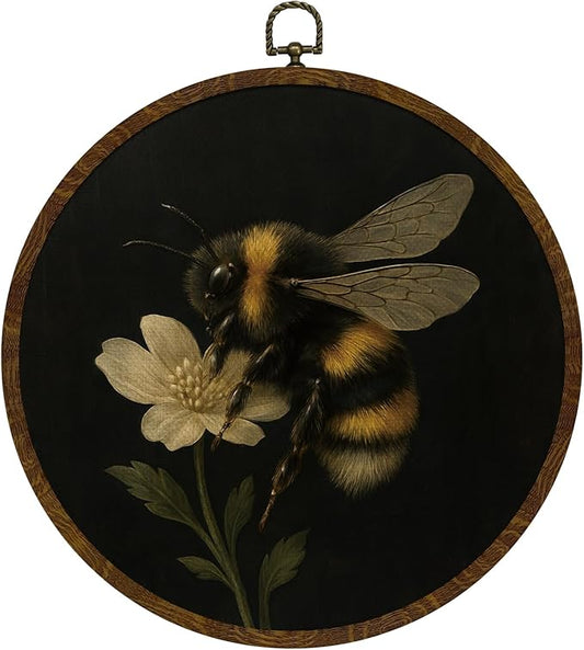 KLYTINK Vintage Bee Round Wall Art,Botanical InsectCanvas Prints with Frame, Bee Dark Floral Naturalist Decor for Kitchen, Study, or Bedroom(Bee-02)