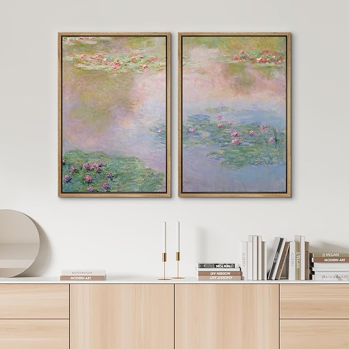 SIGNWIN Framed Canvas Print Wall Art Set Impressionist Water Lily Illustration Modern Art Minimalism Decorative for Living Room, Bedroom, Office - 24"x36"x2 Natural