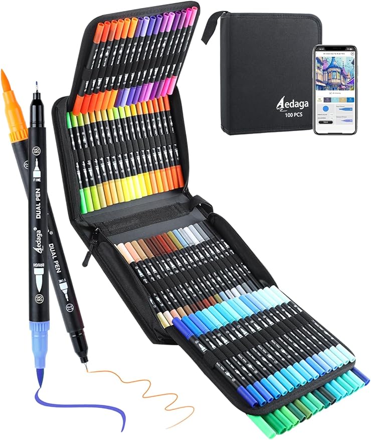 100 Colors Numbered Dual Tip Brush Pens with Free App, Fine and Brush Tips Pens for Adults and Kids, Coloring Markers for Coloring Book Bullet Journaling Note Taking Planner Hand Lettering