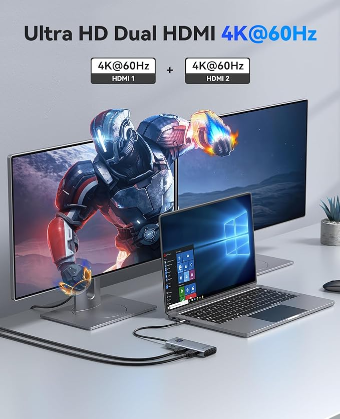 ORICO USB C Docking Station Dual Monitor, 8-in-1 USB C Hub with 2 HDMI 4K@60Hz Ports, 100W PD Charging, USB-A&C 3.0, SD/TF for Laptop MacBook Dell PW11-8PH