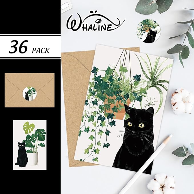 Whaline 36 Pcs Botanical Black Cat Greeting Cards Blank Note Cards 6 style Blank Note Card with Envelope Stickers for Party Invitations, 4 x 6 Inch