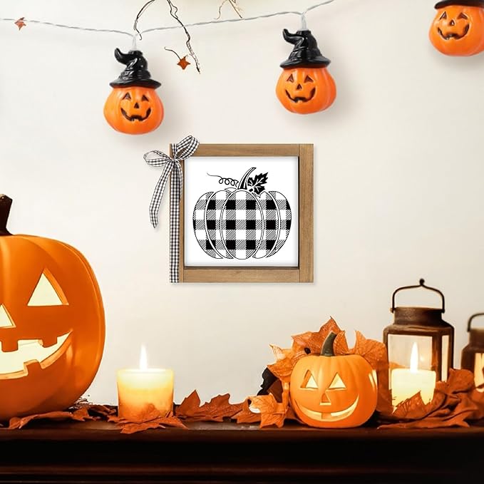 Black and White Checkered Pumpkin Sign, Wooden Fall Halloween Thanksgiving Decorative Signage Plaques Decor, Indoor Table Shelf Tiered Tray Desk Wall Art Rustic Farmhouse Home Decorations