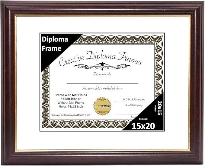 Creative Picture Frames 15x20 Mahogany Gold Rim Diploma Frame with White Mat Glass and Installed Wall Hangers | Frame Holds 18x22 Media without Mat