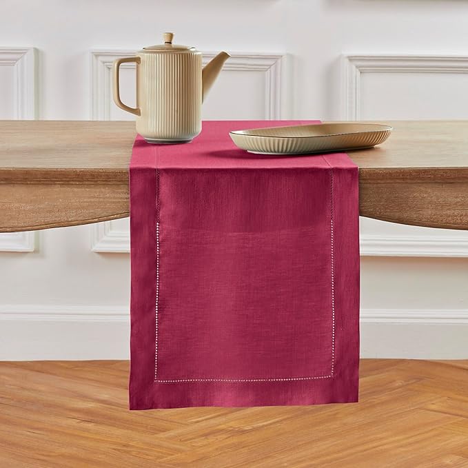 Solino Home Linen Beet Table Runner 120 Inches Long - 100% Pure Linen Hemstitch 14 x 120 Inch Table Runner for Dining, Easter, Winter, Valentines - Classic Hemstitch