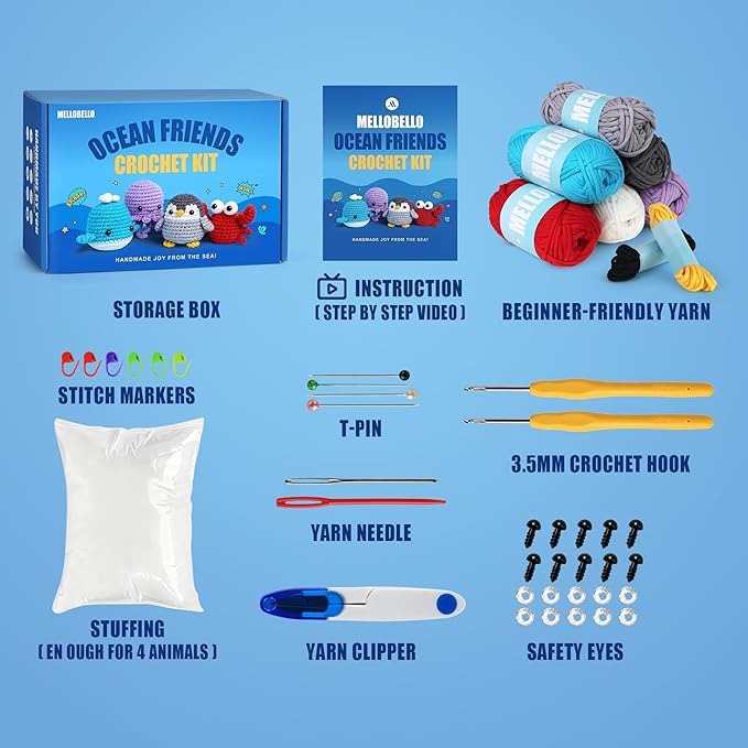 Crochet Kit for Beginners Kids - Beginner Crochet Kit for Adults Kids Amigurumi Crochet Animal Kits Easy Learn to Crochet Kit with Step-by-Step Tutorials Gift for Girl Women Kid - Ocean Friends
