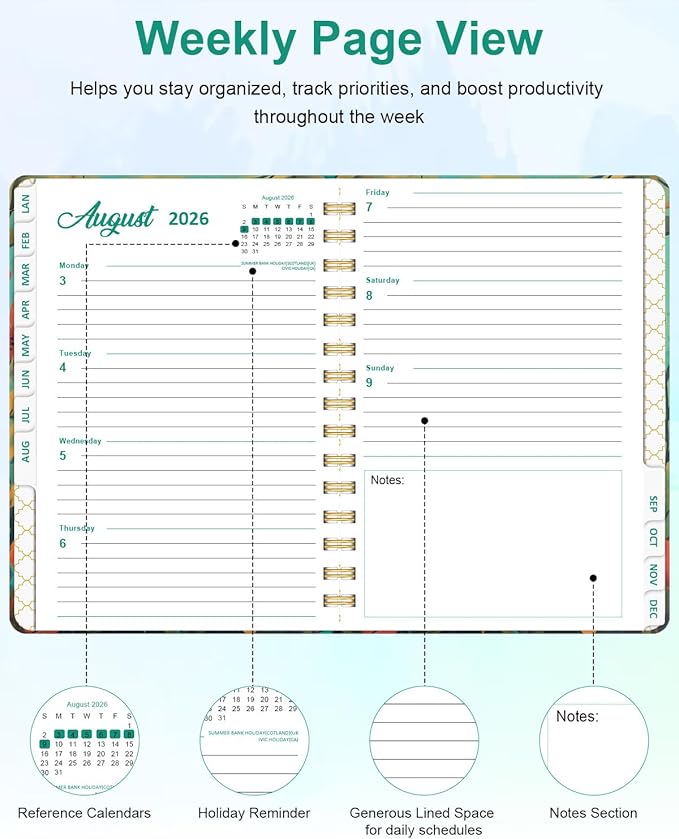 2026 Weekly and Monthly Planner - 2026 Hardcover Calendar Planner, Jan. 2026 - Dec. 2026, Daily Agenda Book with Tabs, Twin-Wire Binding, Back Pocket, School Teacher Student Supplies, A5(6.3" x 8.5") (Cat)