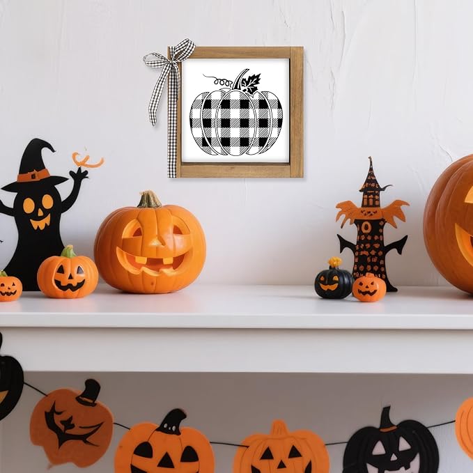 Black and White Checkered Pumpkin Sign, Wooden Fall Halloween Thanksgiving Decorative Signage Plaques Decor, Indoor Table Shelf Tiered Tray Desk Wall Art Rustic Farmhouse Home Decorations