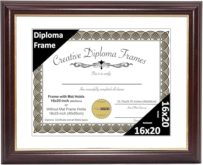 Creative Picture Frames 16x20 Mahogany Gold Rim Diploma Frame with White Mat Glass and Installed Wall Hangers | Frame Holds 18x22 Media without Mat