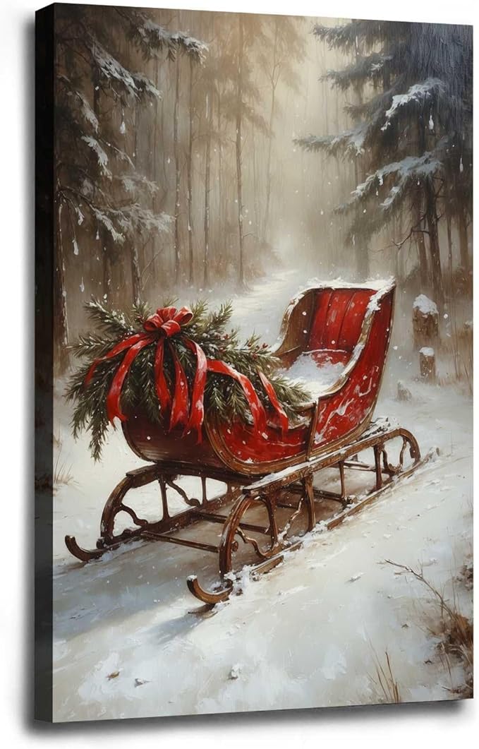 Vintage Christmas Canvas Wall Art Holiday Ride Painting Snowy Woodland Print Classic Sleigh Wall Decor Rustic Landscape Poster Indoor Decor for Offices Living Room Winter Holiday Framed Ready to Hang