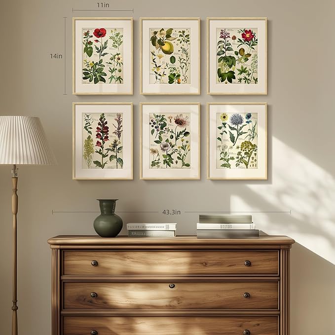 Framed Floral Botanical Wall Art, Set of 6 Green Painting Canvas Prints with Mat for Modern Farmhouse Kitchen Wall Decor, Rustic Plant Flower Pictures for Living Room Bedroom Dining Room Hallway, 11x14
