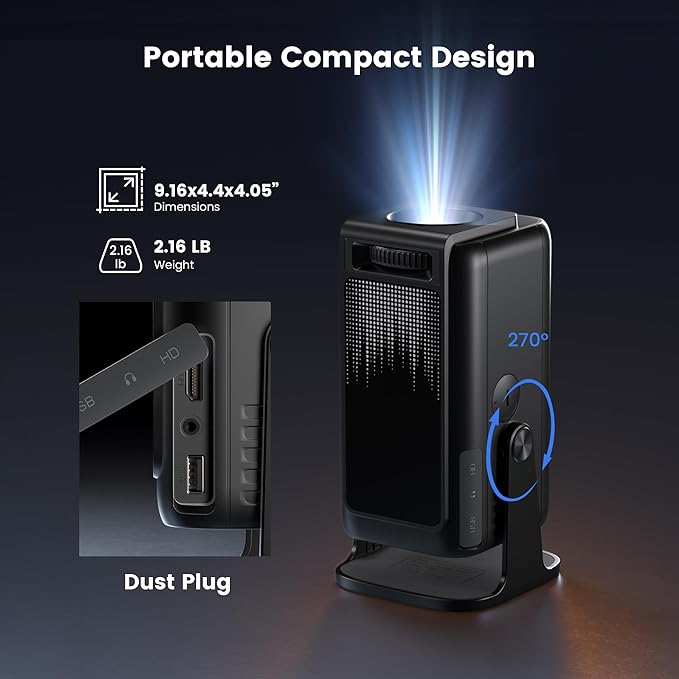 Mini 4K Projector with Wifi and Bluetooth, 1080P Full HD Smart Outdoor Portable Movie Small Projector with 270°Rotatable Stand, Android 13 OS, Auto Keystone, Support Big Screen for Home Bedroom