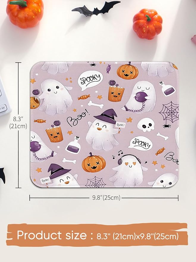 Seorsok Cute Ghost Mouse Mat,Halloween Pumpkin Decor Mouse Pads for Office Laptop,Washable Square Cute Mousepads with Extended Stitched Edges Non Slip Rubber Base 9.5"x7.8"x0.12" Inch,Purple