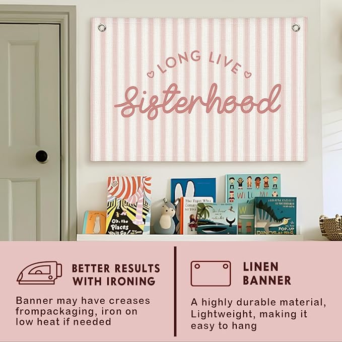 Lacama Long Live Sisterhood Banner, Pink Linen Banners Wall Hanging Banner Flag Decor for Toddler Girls Room Nursery, Wall Hanging Flag 30x20 In