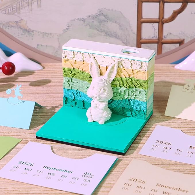 3D Time Piece Calendar 2026 3D Tear Away Art Memo Pad Notepad Desk Calendar with Light,3D Art Calendar Desktop Decoration Gift for Christmas (Auspicious Rabbit)