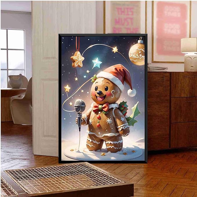 Framed Canvas Wall Art festive gingerbread character Funny Christmas Poster Trendy Christmas Decor 20x30in Metal blackFramed