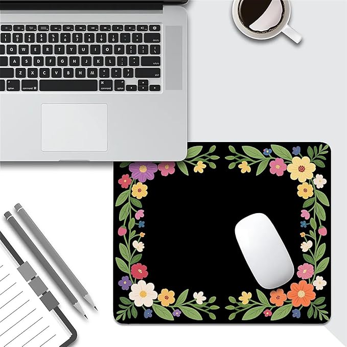 Square Mouse Pad Flower Border, Personalized Premium-Textured Custom Mouse Mat Design, Washable Mousepad Cloth, Non-Slip Rubber Base Computer Mouse Pads for Wireless Mouse