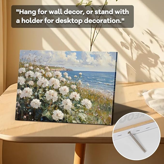 Vintage Coastal Wall Art – 15x12 Inch White Flowers by the Sea Print – Seaside Cottagecore Landscape Poster – Frameless Laminated Paper with Hanging & Tabletop Display