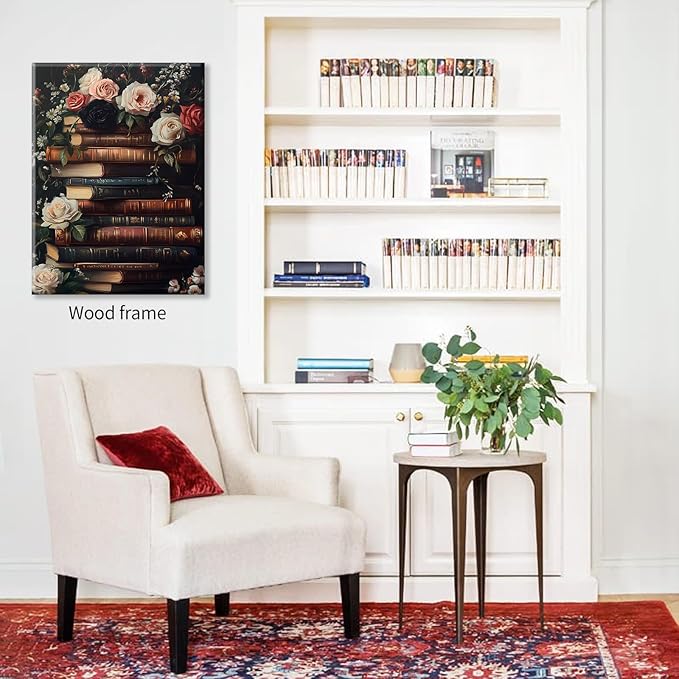 Dark Academia Book Canvas Posters Moody Botanical Floral Wall Art Vintage Antique Victorian Aesthetic Oil Painting 24X36 inch Framed for Gallery Library Wall Decor