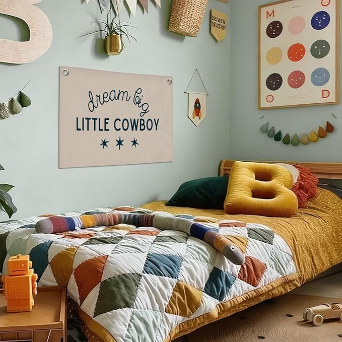 Boy Nursery Decor,Dream Big Little Cowboy Wall Art,Cowboy Nursery Decor Linen Banner Print,Wall Decor Hanging for Kids Boys Toddler Nursery Bedroom Playroom 30x20 Inch