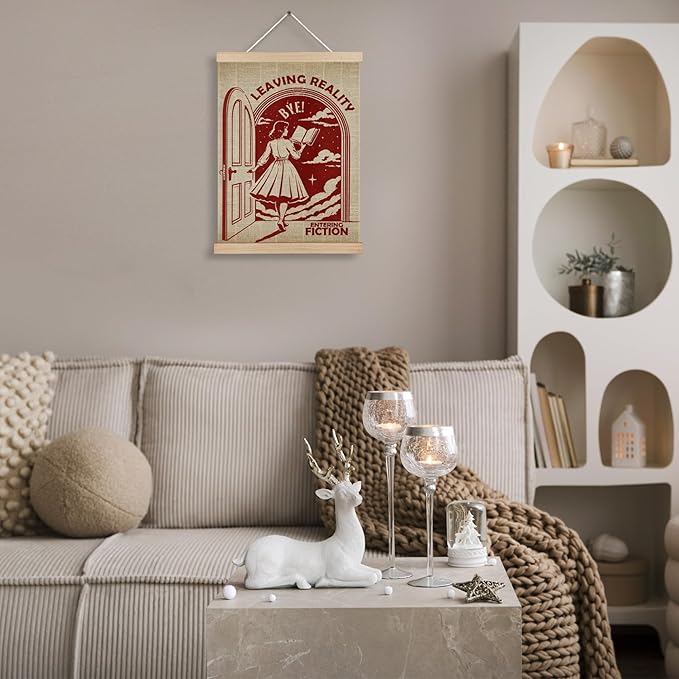 Vintage Reading Woman Book Canvas Wall Art Poster, Reading Nook Corner Decor, Leaving Reality Entering Fiction Wall Decor Prints for Library Reading Room Classroom Home, 12x16 Inches