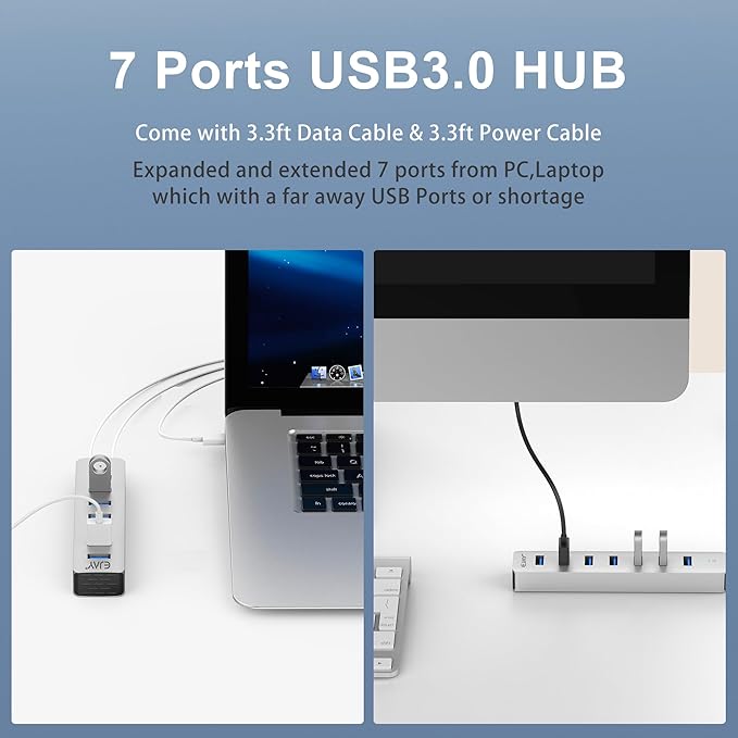 EJAY 7-Port USB 3.0 Hub for PC with Power Adapter, Aluminum USB Splitter 5Gbps Data Transfer, 3.3ft Data & Power Cables for Laptop, Mac, Windows, Linux