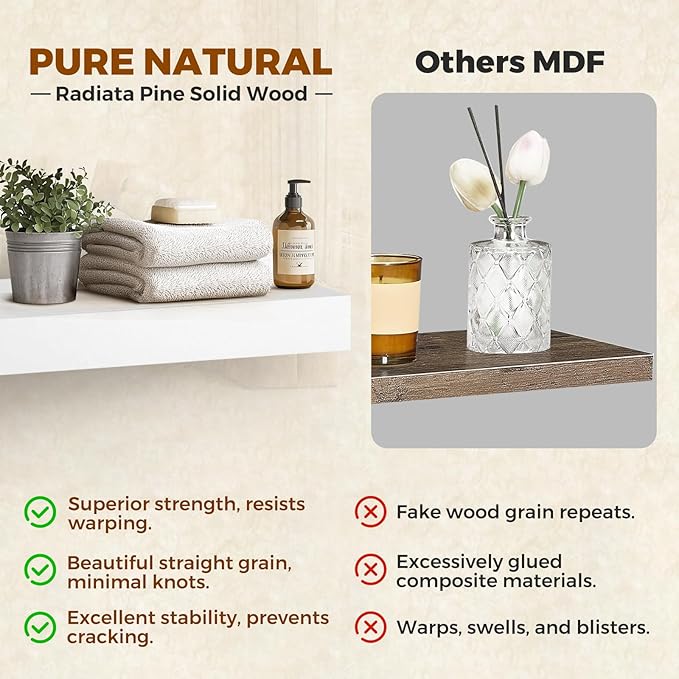 Floating Wall Shelves 24 x 6.8 x 1.7 Inch – Solid Wood Rustic Shelves in White Finish – Wall Mounted Display Shelf for Bathroom, Kitchen, Bedroom – Set of 2