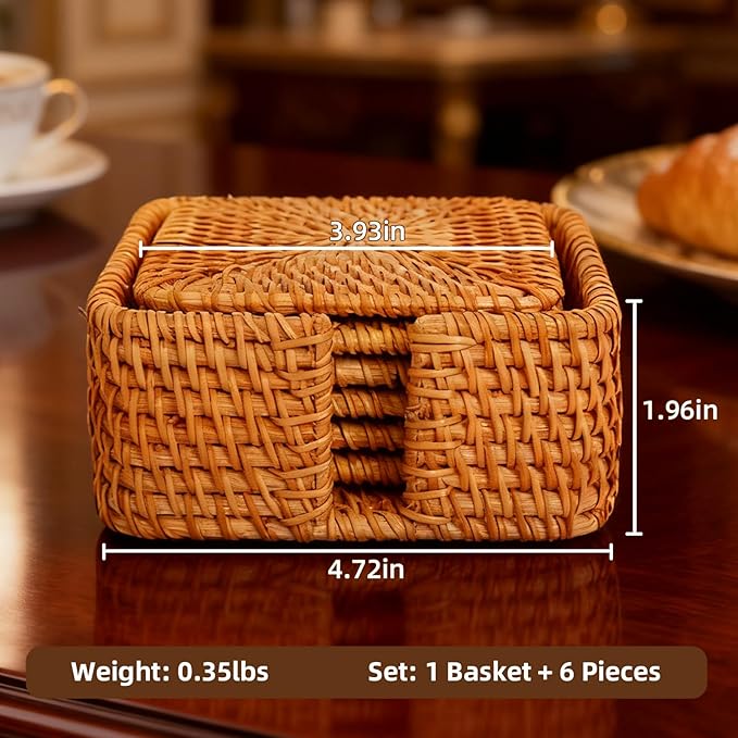 Handmade Rattan Coasters Set of 6 with Holder - Woven Aesthetic Drink Coasters for Table & Desk, Natural Boho Farmhouse Rustic Coffee Cup Pads, Home Bar Patio Table Outdoor Decor (Square)