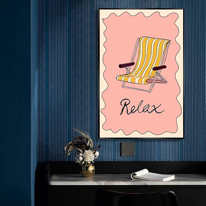 Metal Black Frame Abstract Pink Yellow Ocean Coastal Beach Chair Wall Art Trendy Summer Relaxing Seaside Canvas Prints Painting Aesthetic Preppy Decor Picture for Living Room Decoration 8x12inch