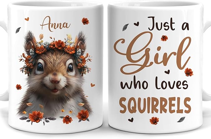 Hyturtle Personalized Cute Squirrel Coffee Mug - Girls Who Love Squirrels - Animal Lover Gifts - Custom Ceramic Mug 11oz - 15oz