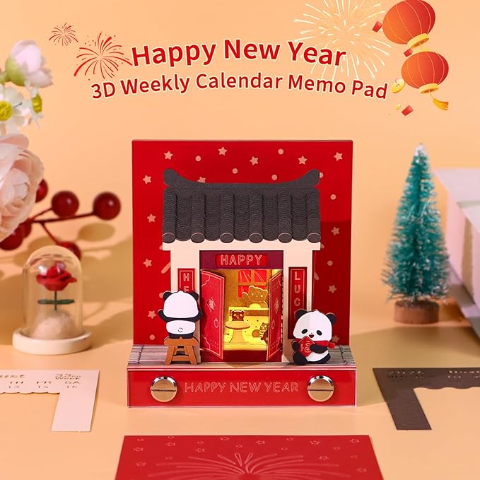 3D Time Piece Calendar 2026 3D Tear Away Art Memo Pad Notepad Desk Calendar with Light,3D Art Calendar Desktop Decoration Gift for Christmas (Happy New Year)