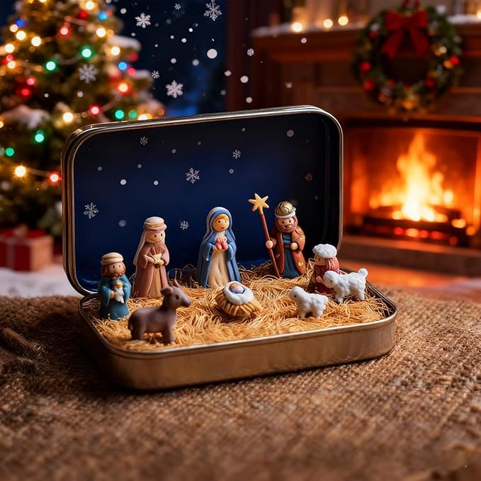 Mini Christmas Nativity Set in a Tin Box, Handcrafted Pocket Bethlehem Scene, Portable Holy Family Display, Small Religious Ornament, for Desk, Shelf, Office