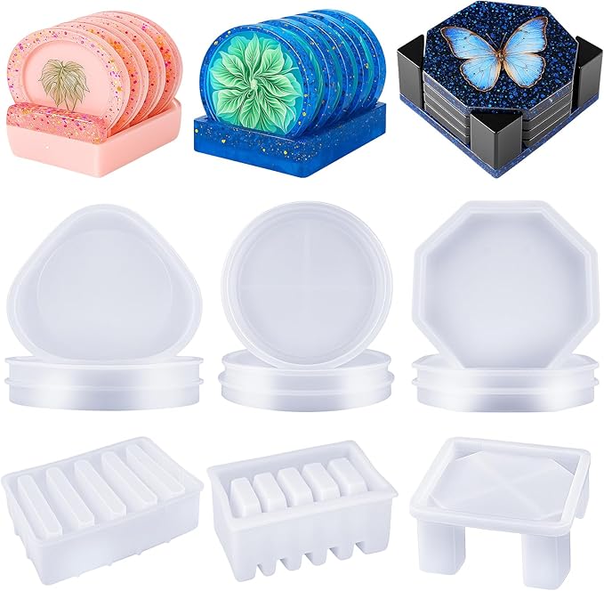 12 Pcs Silicone Coaster Resin Mold Set, Triangular Round Octagonal Coaster Molds with Holder Molds for Epoxy Resin, DIY Art Craft Cup Mats, Beginner-Friendly Christmas Kit