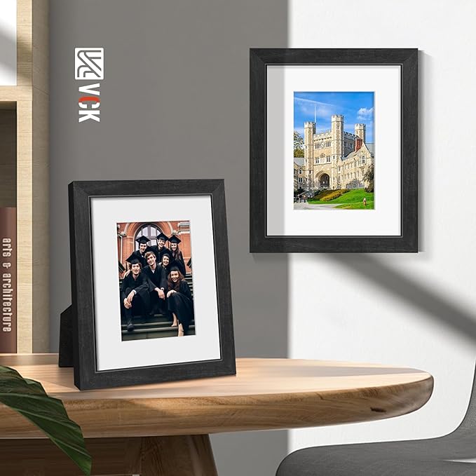 VCK 8x10 Picture Frames Black Set of 5, Wide Border Wood, Tempered Glass, Display 5x7 Photo with Mat or 8 x 10 without, for Home, Office, Gallery, Woodgrain Series, Tabletop & Wall Hanging