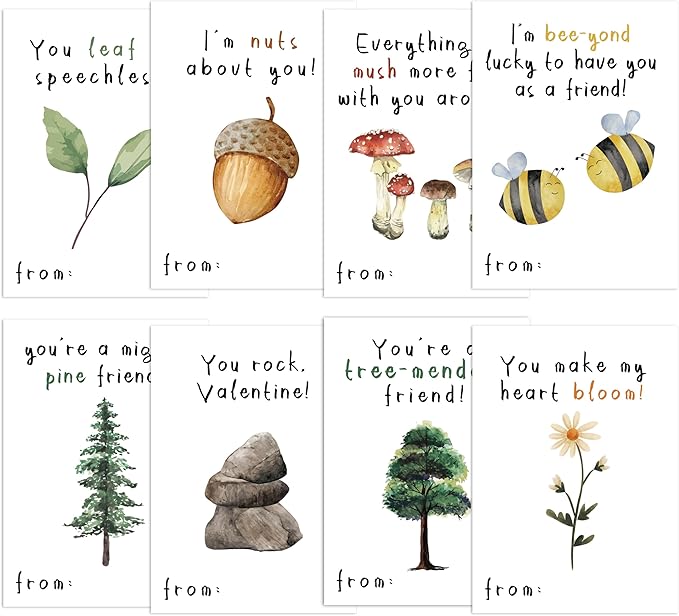 Nature Valentine's Day Cards, Nature Pun Cards, 8 Designs, 40 Pack Valentine's Classroom School Exchange Cards for Girls Boys Party Favors