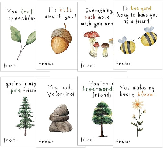 Nature Valentine's Day Cards, Nature Pun Cards, 8 Designs, 40 Pack Valentine's Classroom School Exchange Cards for Girls Boys Party Favors