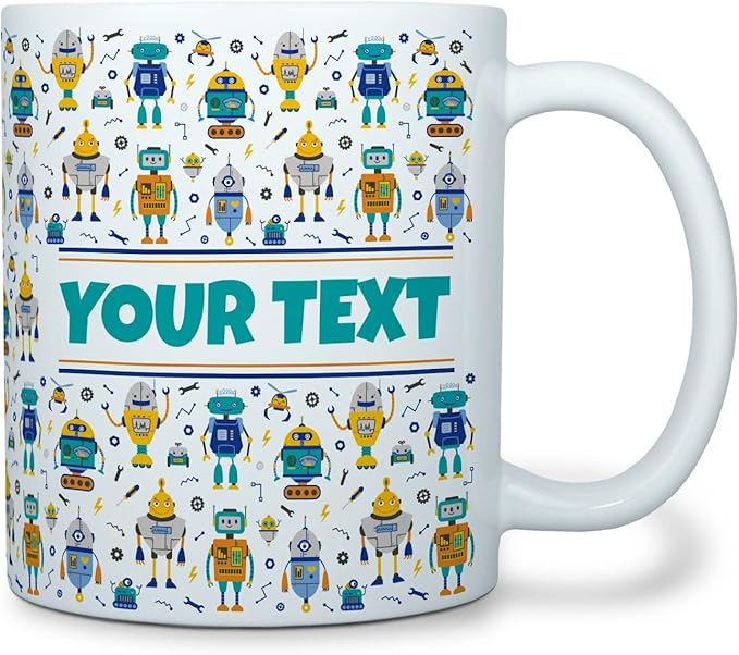 Personalized Mug for Kids - Robots - Custom Name/Text, Ceramic Hot Chocolate/Cocoa/Coffee Cup for Boys, Birthday/Christmas/Holiday Gift - 11 oz, Pink Handle