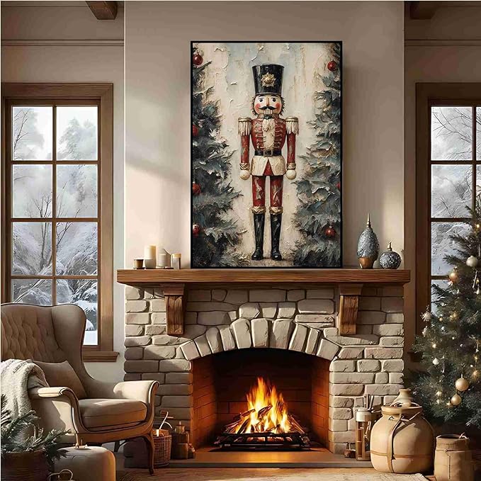 Nutcracker Soldier Vintage Christmas Art Holiday Doll Canvas Wall Art Traditional German Decor Red Uniform Soldier Prin Poster Indoor Decor for Home Offices Living Room Bedroom Framed Ready to Hang