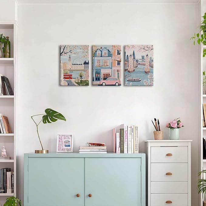 XLARTMY Watercolor City Landscape Travel Wall Art Canvas Framed Pink Cherry Flower Poster Girly Prints Painting Pictures Set of 3 for Bedroom Living Room Office 12x16in