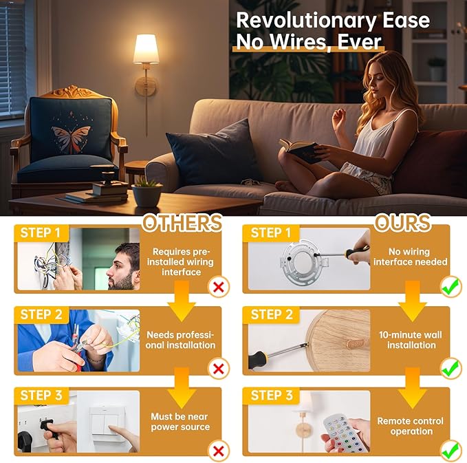 Battery Operated Wall Sconces Set of 2, Beech Color Wall Lamp 5000 mAh Rechargeable Bulb with 12 RGB Colors Dimmable Wall Sconce for Living Room Bedroom