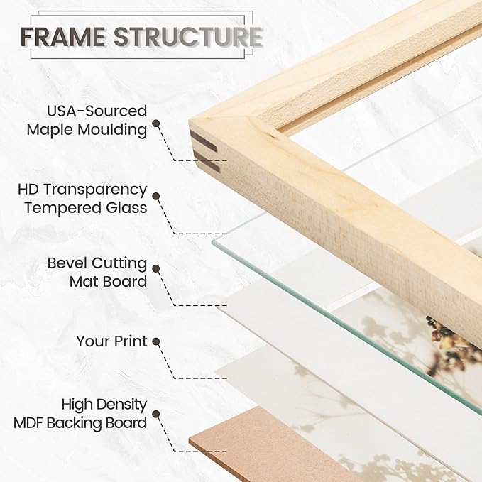18x24 Poster Frame, USA-Sourced Natural Maple Wood Picture Collage Frame with HD Tempered Glass, Modern Simple 18 x 24 Wooden Photo Frame Matted to 16x20, Vertical & Horizontal Wall Hanging Display