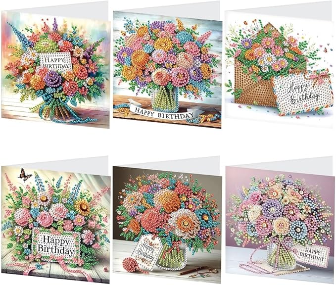 6-Pack Wishes & Blooms Bouquet Diamond Painting Greeting Card Kits, Special Shaped Diamonds Painting, DIY Handcraft for Relatives and Friends with Wishes,Unique Design Crafting for Birthday Cards