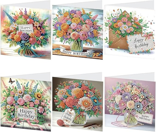 6-Pack Wishes & Blooms Bouquet Diamond Painting Greeting Card Kits, Special Shaped Diamonds Painting, DIY Handcraft for Relatives and Friends with Wishes,Unique Design Crafting for Birthday Cards
